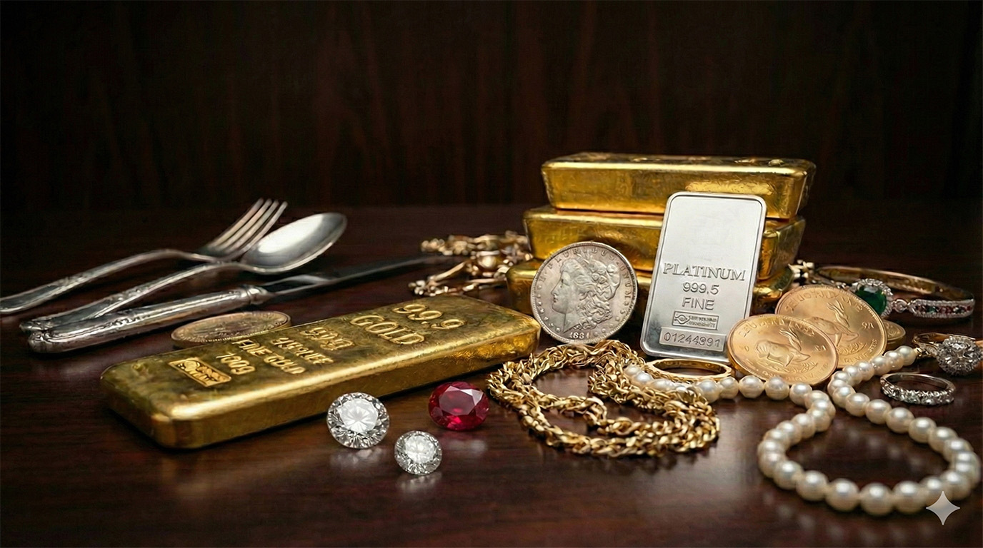 Gold bars and coins being examined with a magnifying glass
