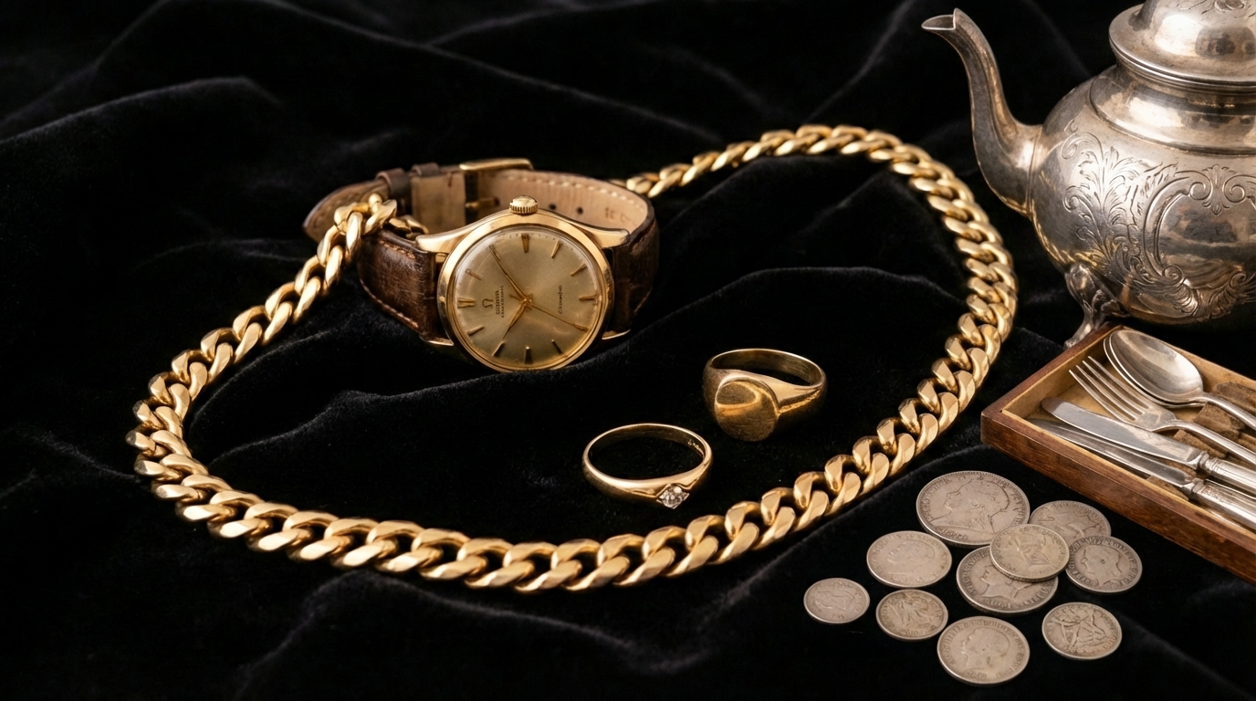 Gold watch, chain, and rings displayed on black velvet